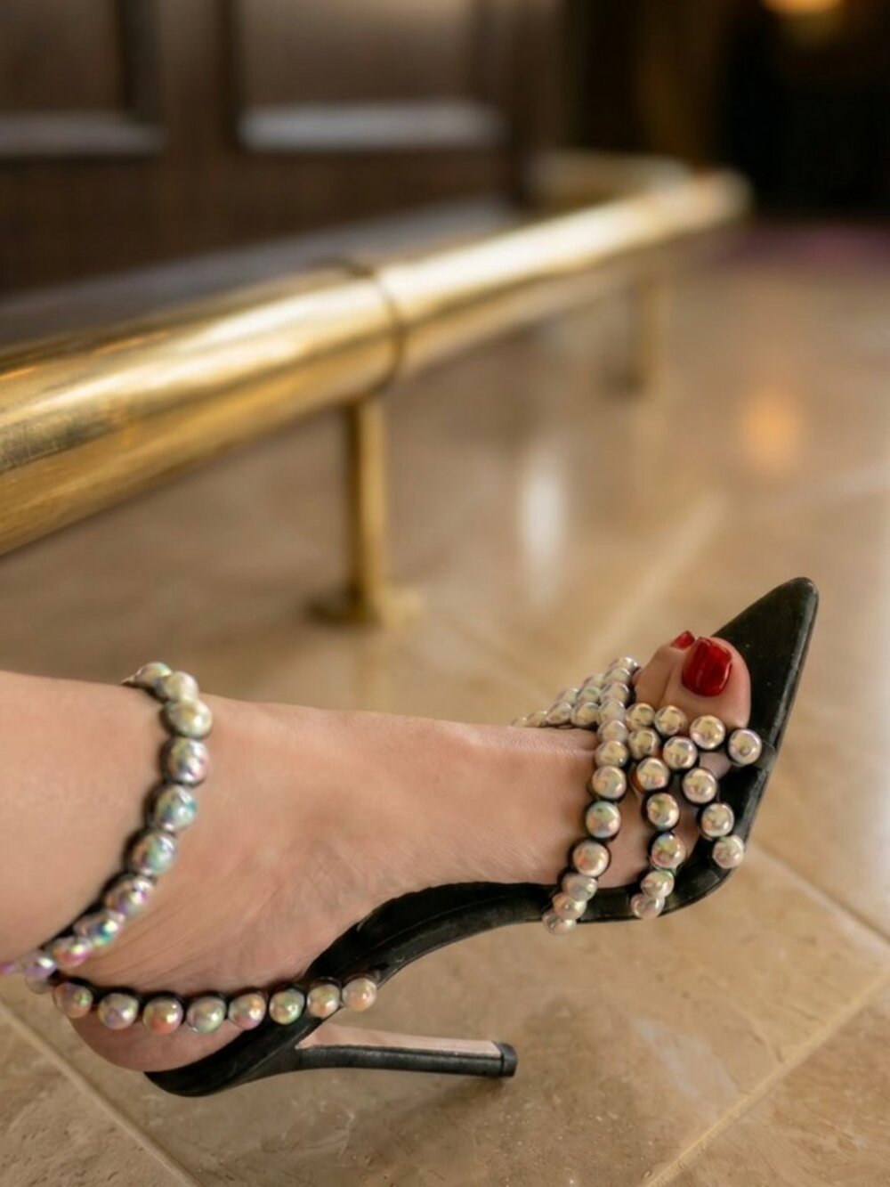 Lemondrop Black Satin Pearl Open Toe Slingback Heels 6.5 Elegant Cocktail Party